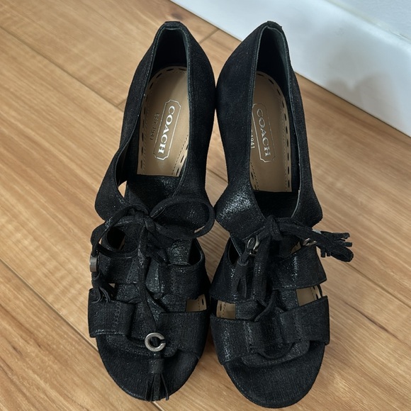 Coach Teagan black sparkly suede platform peep-toe with tassel tie 6.5 - Picture 8 of 9